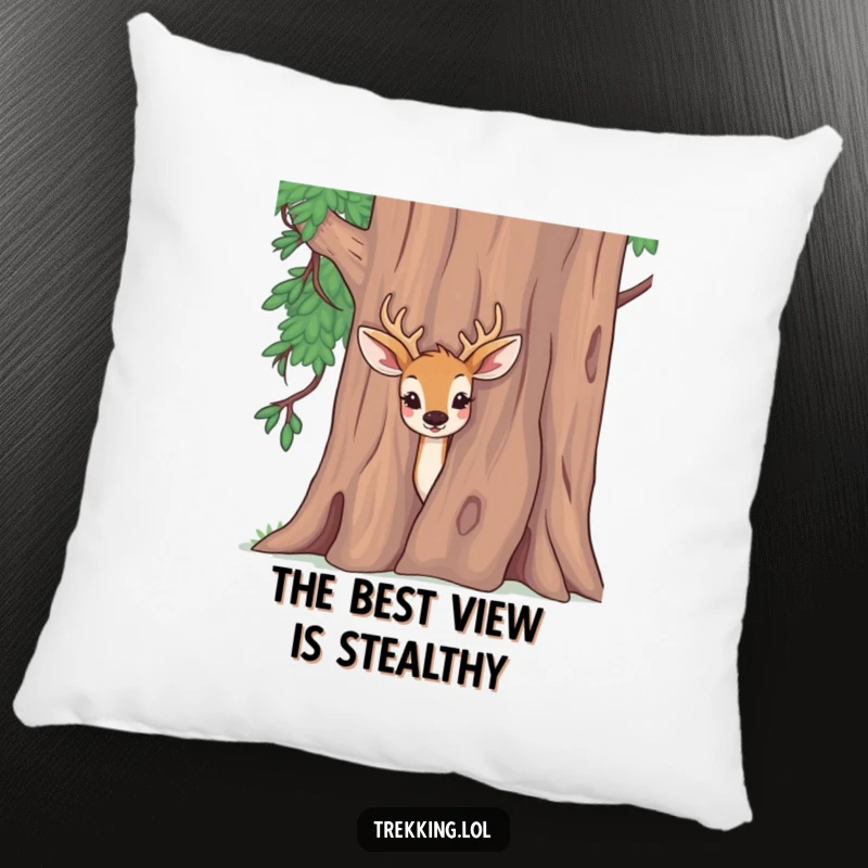 Funny pillow featuring a delighted deer peeking curiously from behind a tree, adding comfort and charm.