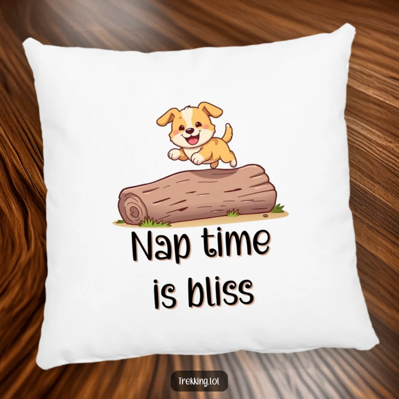 Funny pillow showcasing a playful dog grinning widely as it bounds over a fallen log, adding cozy humor.