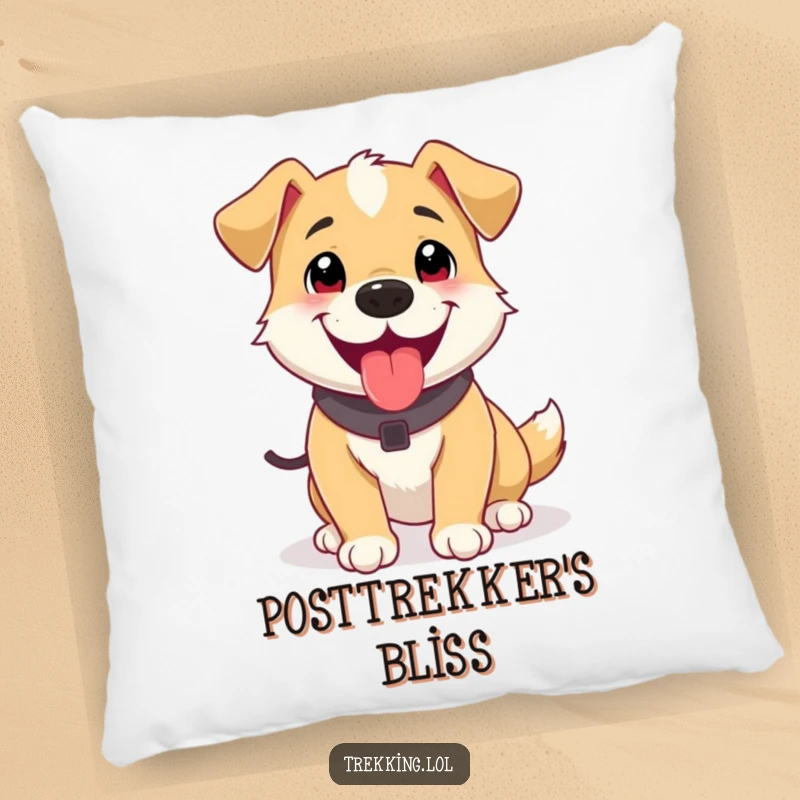 Funny pillow featuring a happy dog panting contentedly after a trek, offering comfortable and humorous decoration for any space.