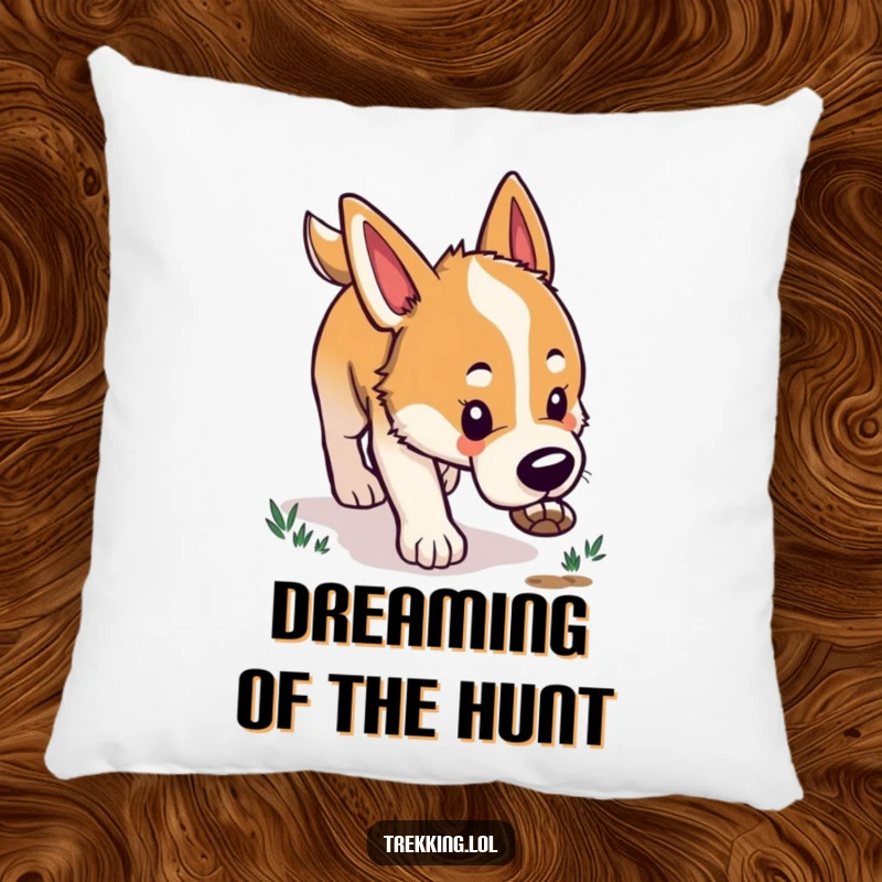 Funny pillow featuring a happy dog with its nose down, actively tracking a scent with a look of intense concentration and joy.