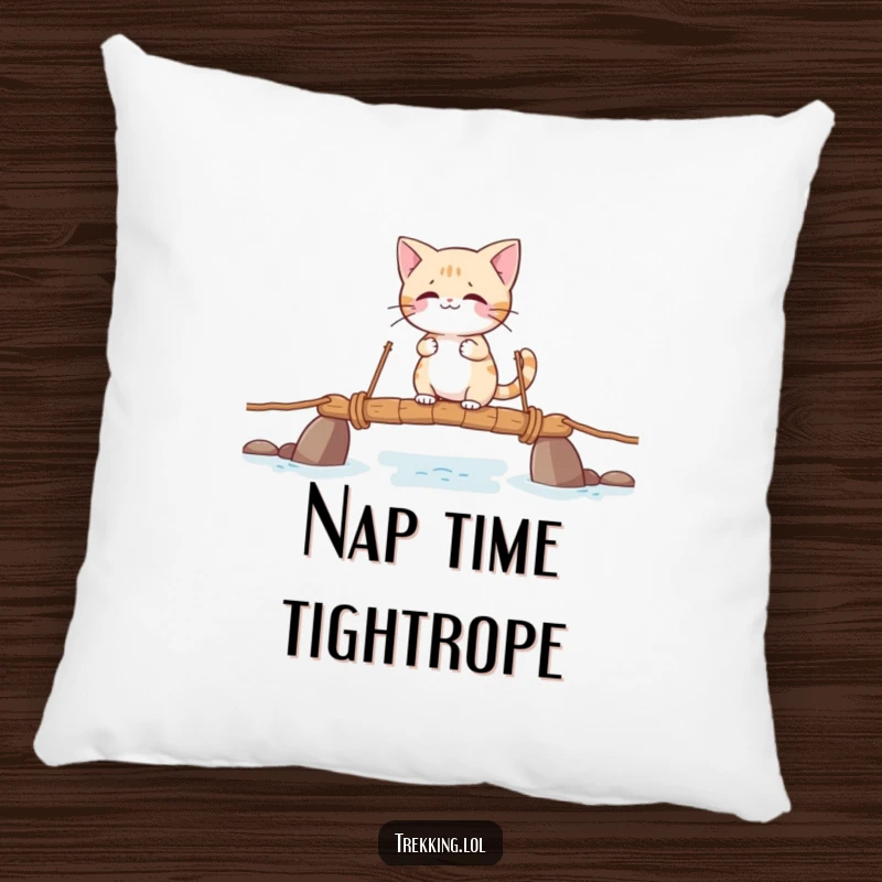 Funny pillow with a giggling cat character balancing on a wobbly rope bridge, offering comfort and humor.