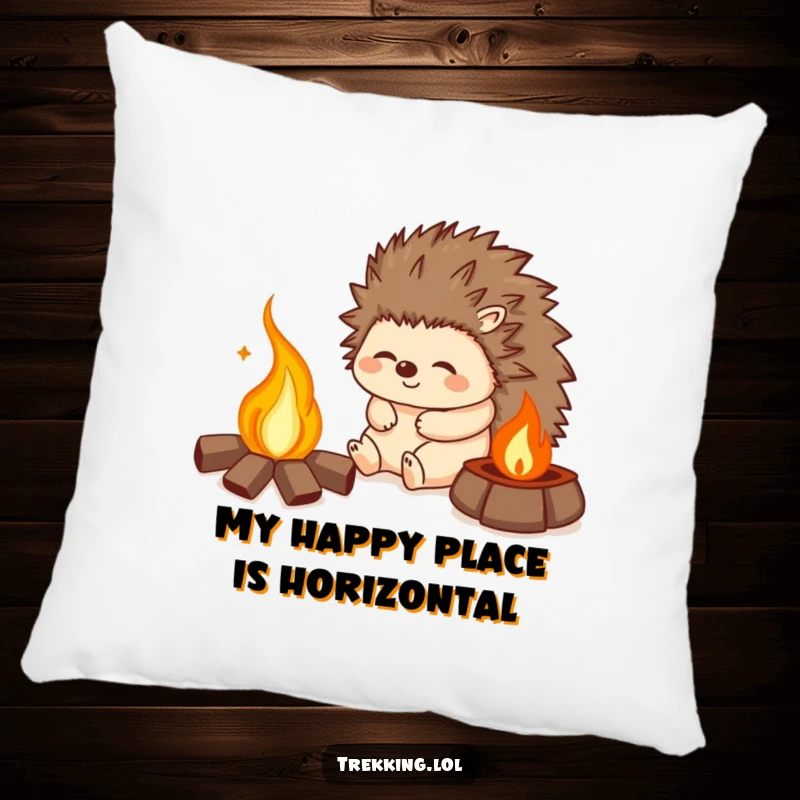 Funny pillow featuring a happy hedgehog sighing contentedly by a campfire, adding comfort and humor to any room.