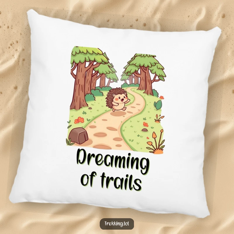 Funny hedgehog pillow showing a happy hedgehog bouncing with exuberance along a winding forest path, surrounded by trees.