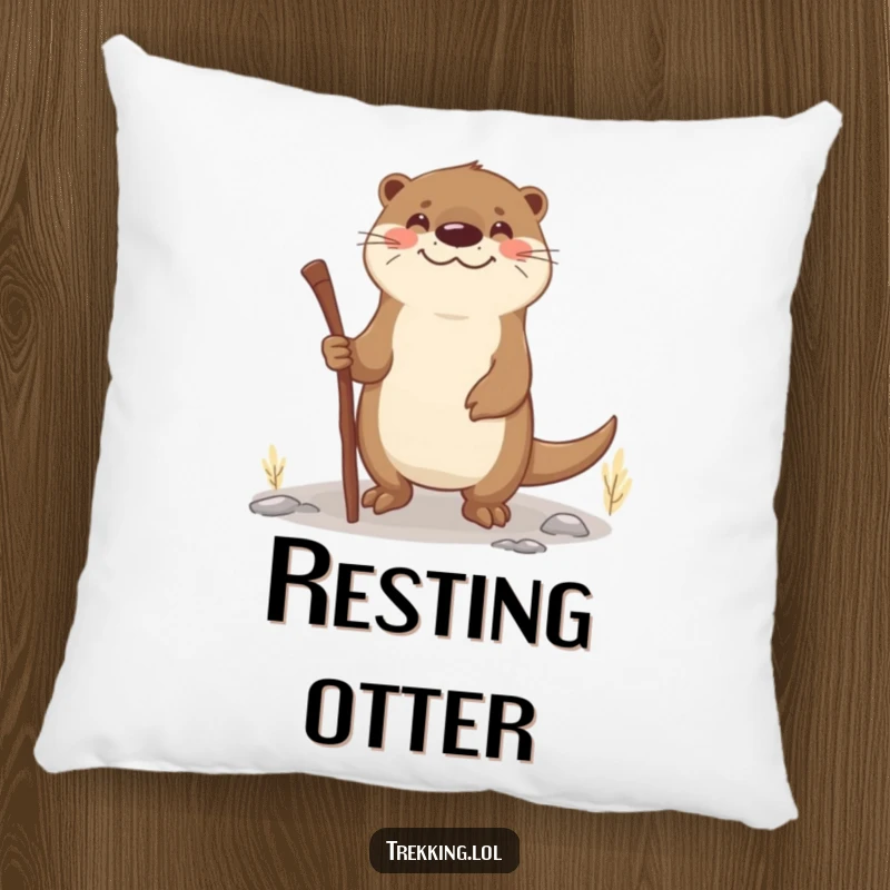 Funny otter walking stick pillow featuring a smiling otter using a stick as a walking aid on uneven terrain, adding charm to spaces.