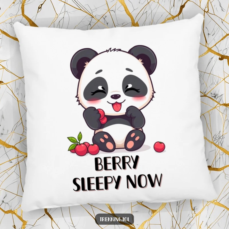 Funny panda pillow, a giggling panda character happily eating berries, bringing comfort and joy.