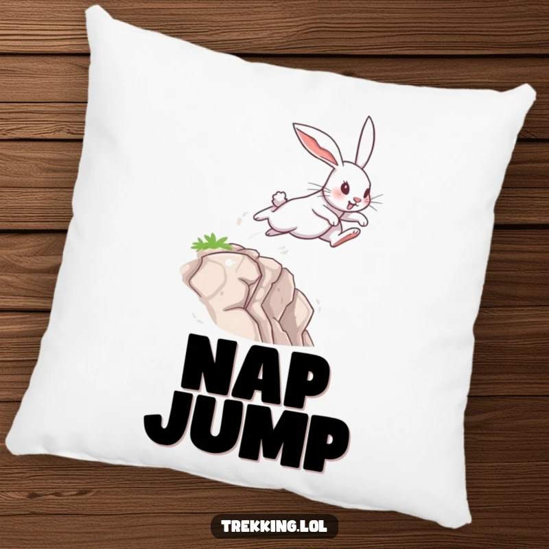 Funny Pillow showing a determined rabbit leaping across a small chasm, designed for comfort and adding a humorous touch of bravery.