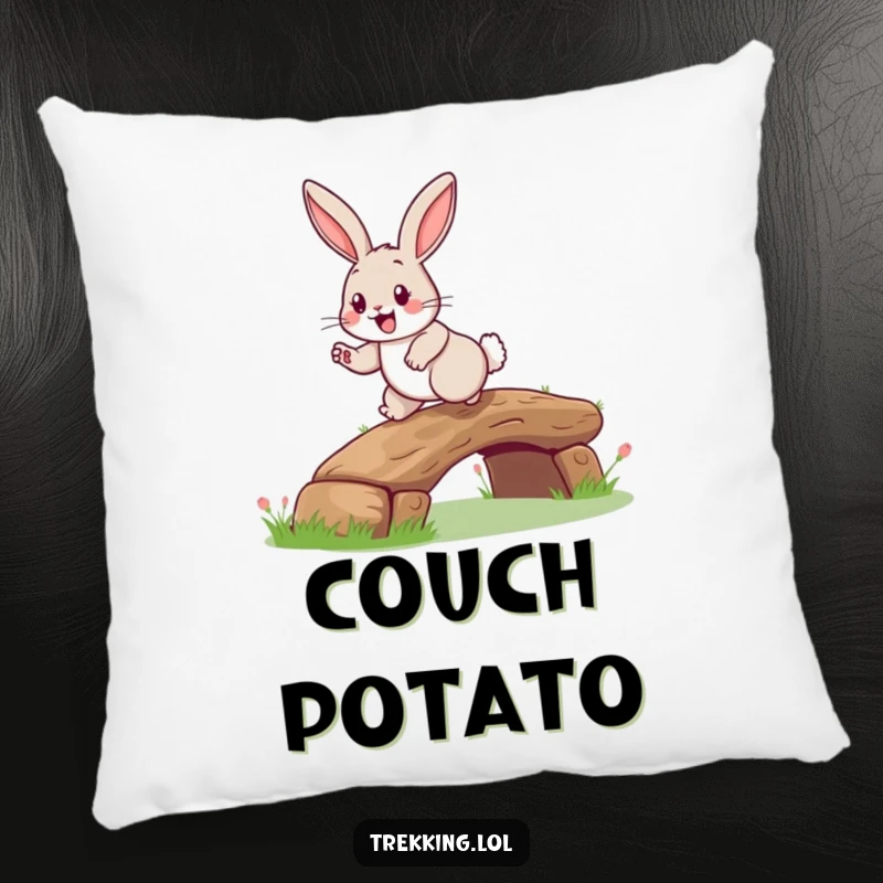 Funny rabbit log bridge pillow featuring a happy rabbit with a grin, hopping over a tiny log bridge, adding charm to spaces.