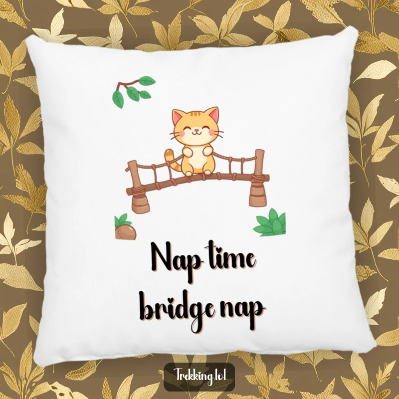 Funny pillow with a smiling cat character crossing a rickety rope bridge, offering comfort and feline-themed bravery.