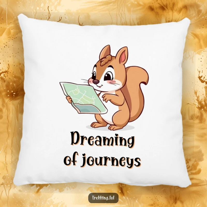Funny pillow with a curious squirrel pointing at a map with a determined expression, bringing cozy humor and adventure planning to any space.