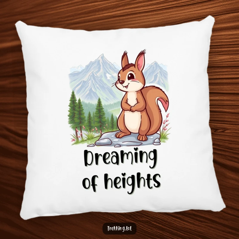 Funny pillow featuring a smiling squirrel enjoying a magnificent mountain vista, perfect for adding cozy humor to any room.
