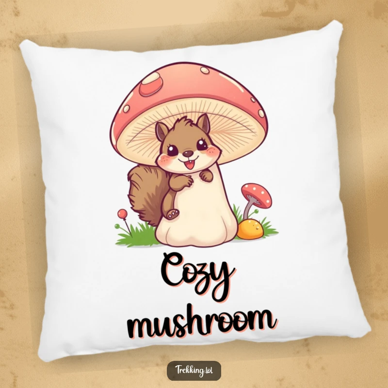 Funny squirrel mushroom pillow featuring a fluffy squirrel peering excitedly from behind a large, colorful mushroom, adding charm to spaces.