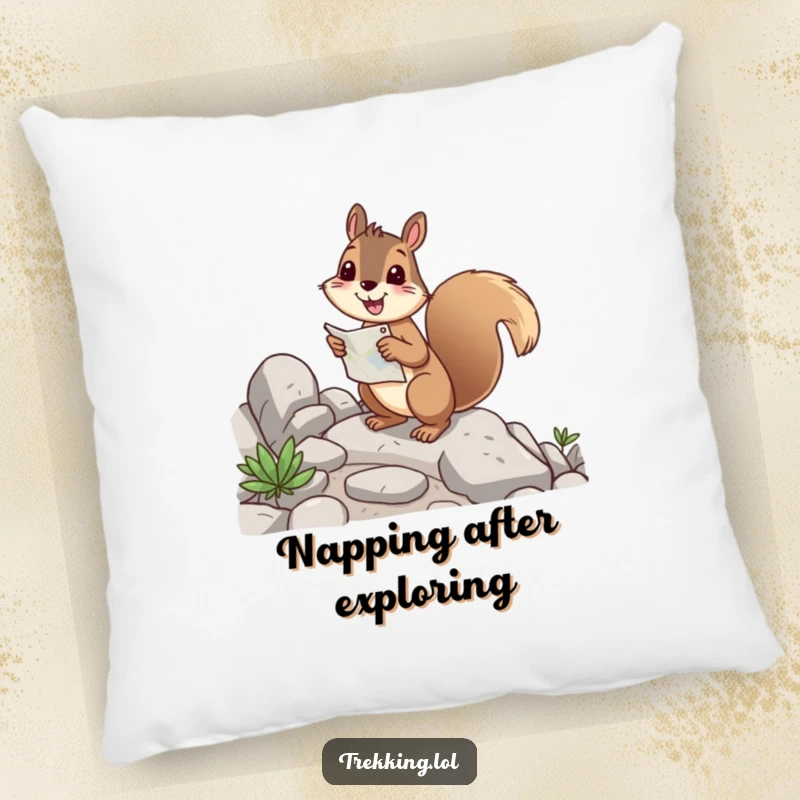 Funny squirrel pillow showcasing a cheerful squirrel with a map, happily navigating a rocky path, adding comfort and humor.