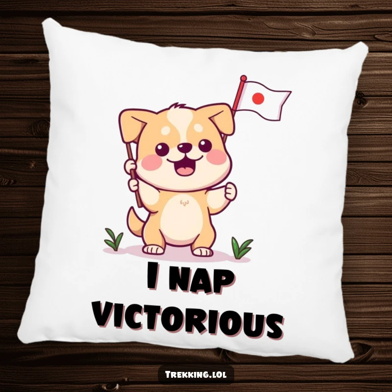 Funny dog pillow, a determined pup triumphantly plants a miniature flag, symbolizing success and comfort.