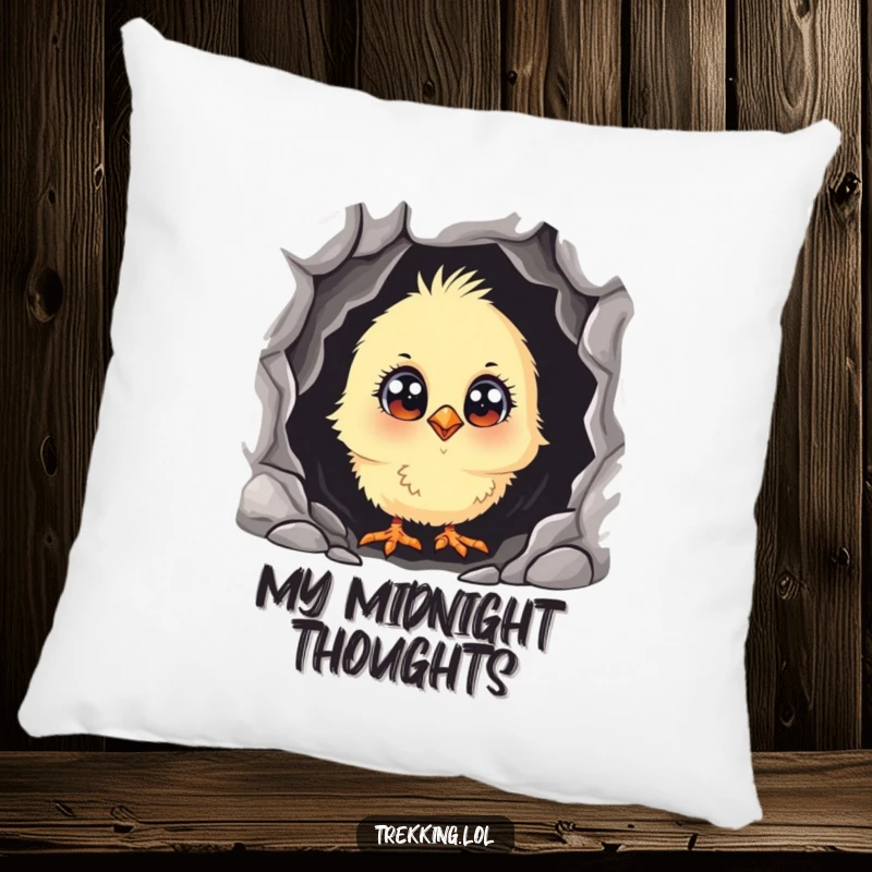 Funny curious chick with wide eyes, peeking into a dark cave, featured on a plush pillow for humorous and cozy decor.