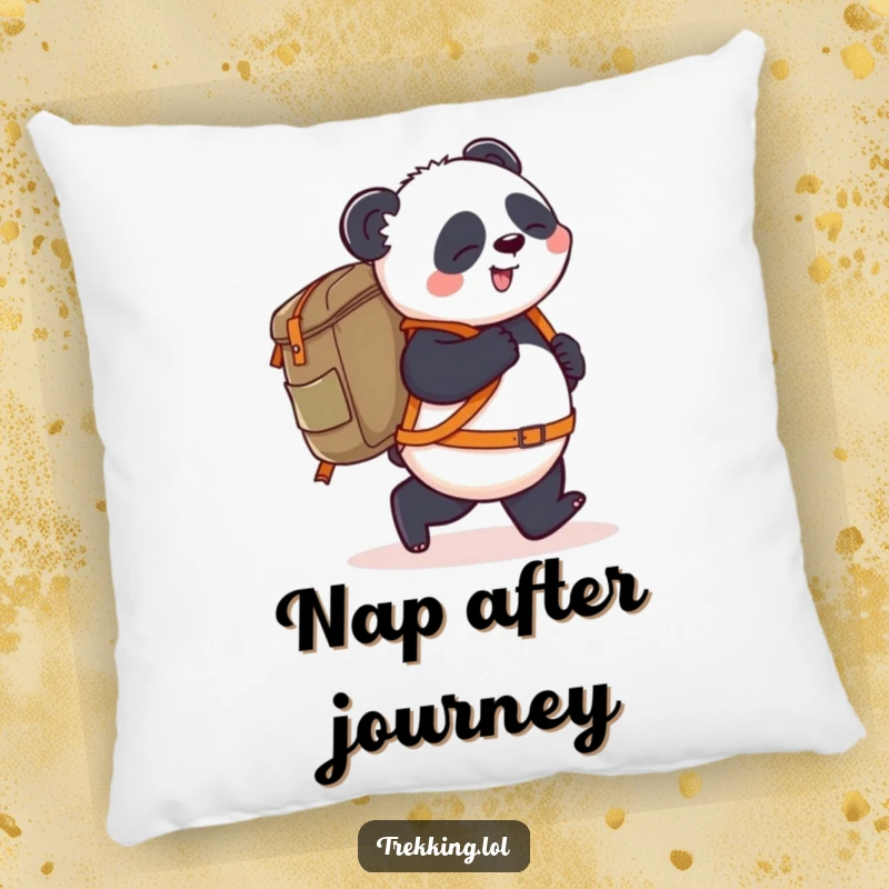 Funny Pillow: A playful panda stumbles slightly forward carrying a giant backpack, offering cozy comfort and a reminder of humorous travel moments.