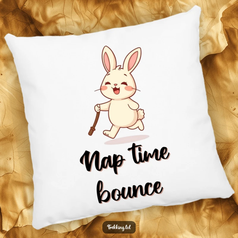 Funny pillow with a cheerful rabbit joyfully skipping and holding a walking stick, designed for comfort and playful charm.