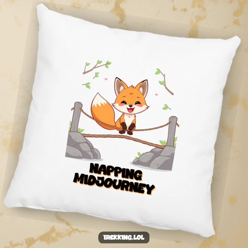 Funny pillow depicting a happy fox gleefully crossing a wobbly rope bridge, perfect for humorous comfort.