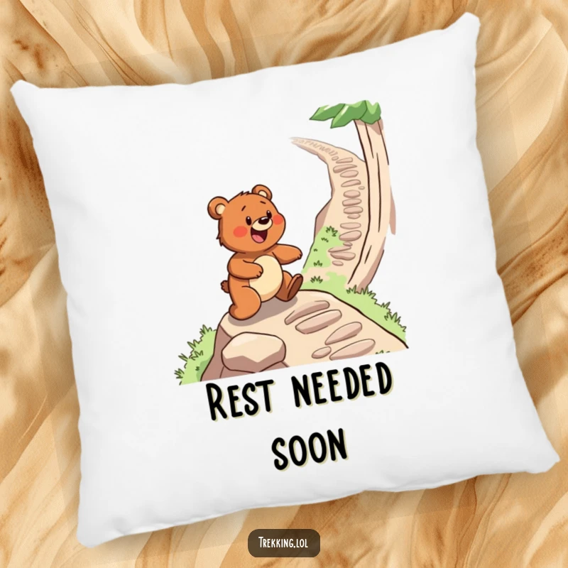 Funny pillow featuring a determined bear gleefully navigating a steep, winding path, offering comfort and adventure humor.