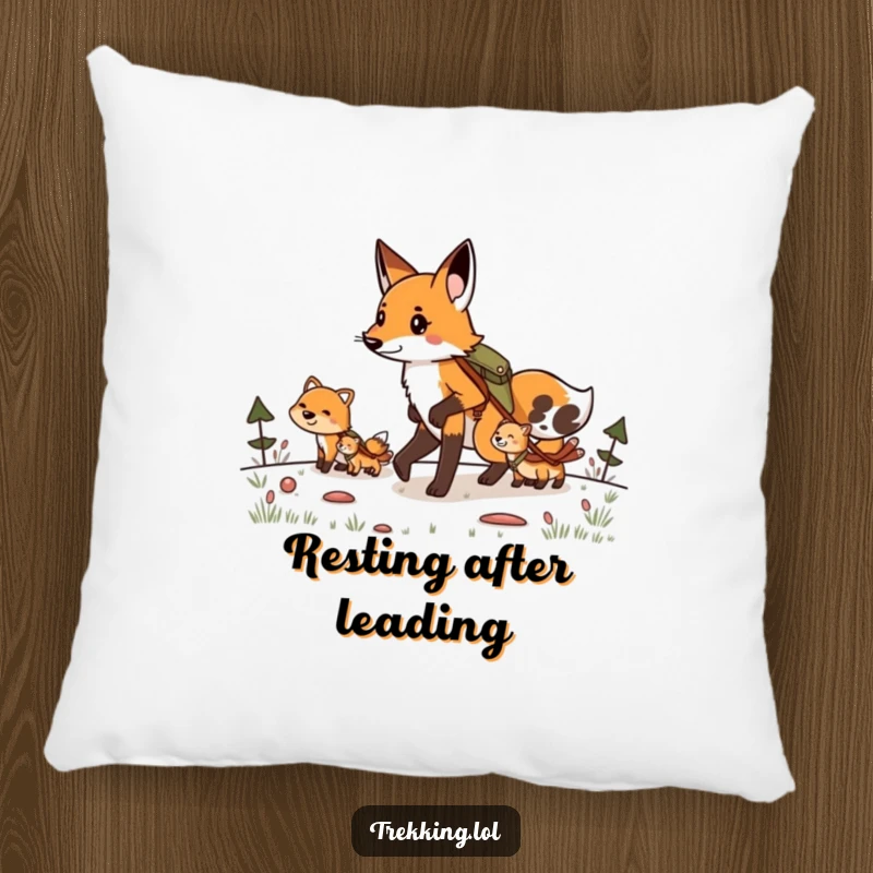 Funny pillow showing a determined fox leading a group of animals on a hike, bringing humor and coziness to any room.