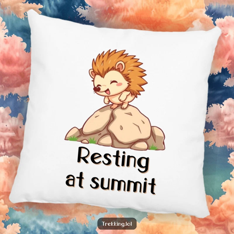 Funny hedgehog pillow, a happy hedgehog character climbing a rocky path, offering comfort and humor.