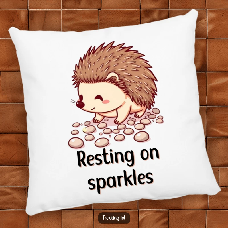 Funny decorative pillow featuring a cheerful hedgehog carefully navigating a path of sparkling pebbles, perfect for lounging.