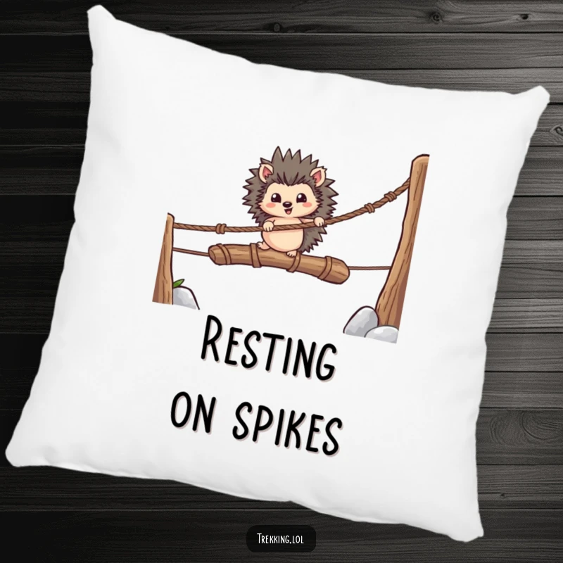 Funny pillow featuring a brave hedgehog bravely making its way across a rickety rope bridge, symbolizing courage and cautious adventure.