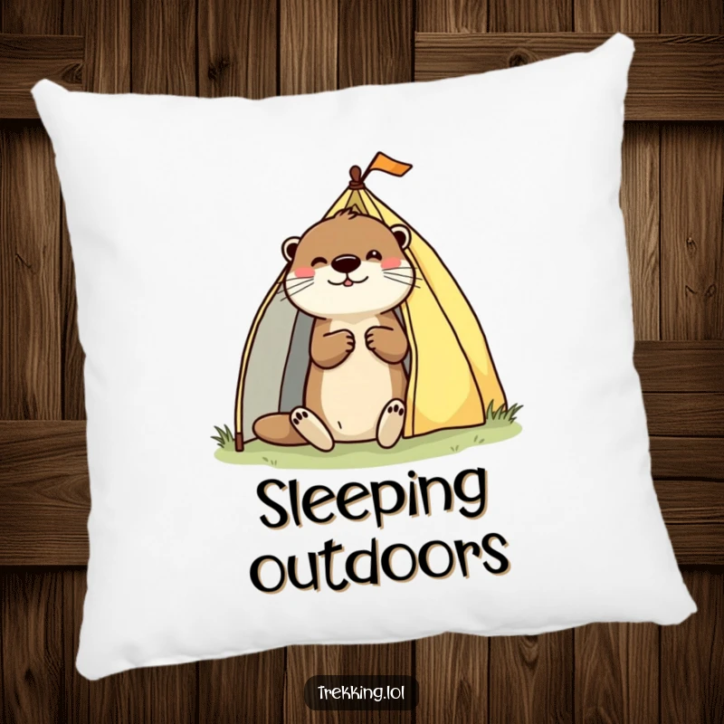 Funny pillow with a playful otter enthusiastically pitching a tent, designed for comfort and camping-themed charm.