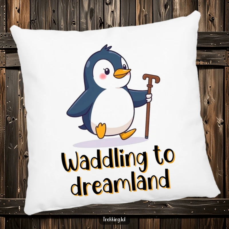 Soft decorative pillow with a funny penguin character waddling with a walking stick, suitable for sofas and beds.