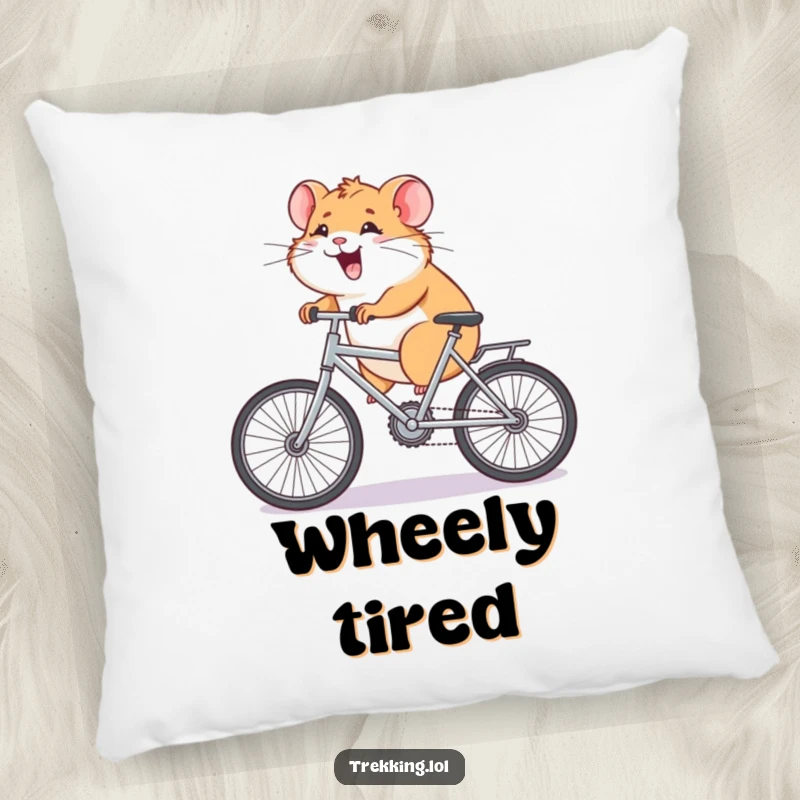Funny Pillow displaying a giggling hamster's strenuous effort to pedal a bicycle uphill, adding a touch of humorous comfort to any room.