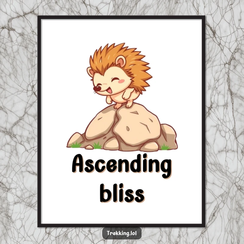 Funny hedgehog digital art print, a happy hedgehog character energetically scampers up a steep rocky incline.