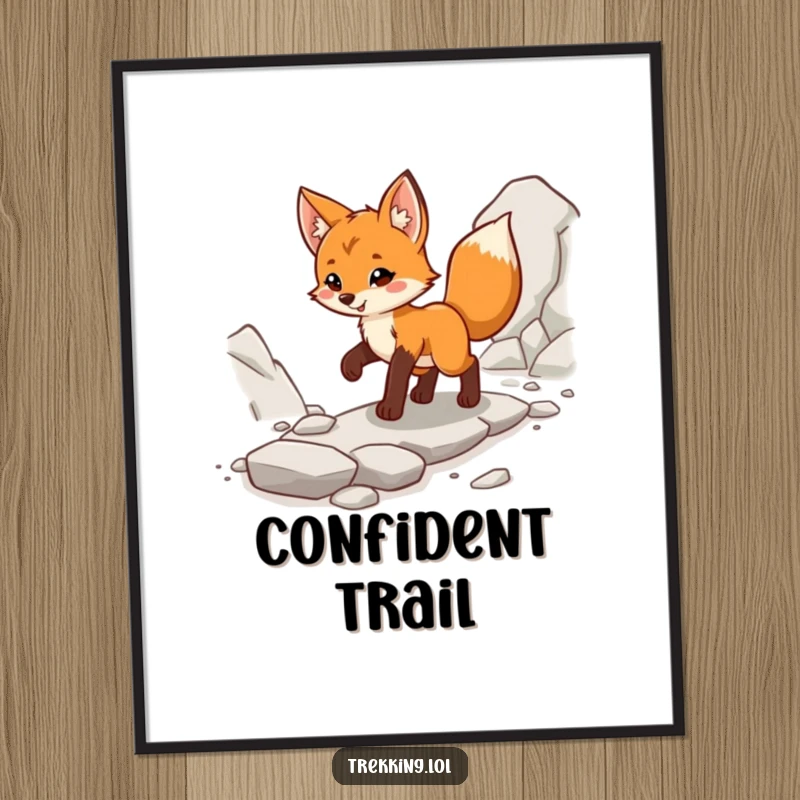 Funny fox cub digital art print, cheerfully navigating a rocky path with confidence, symbolizing exploration.
