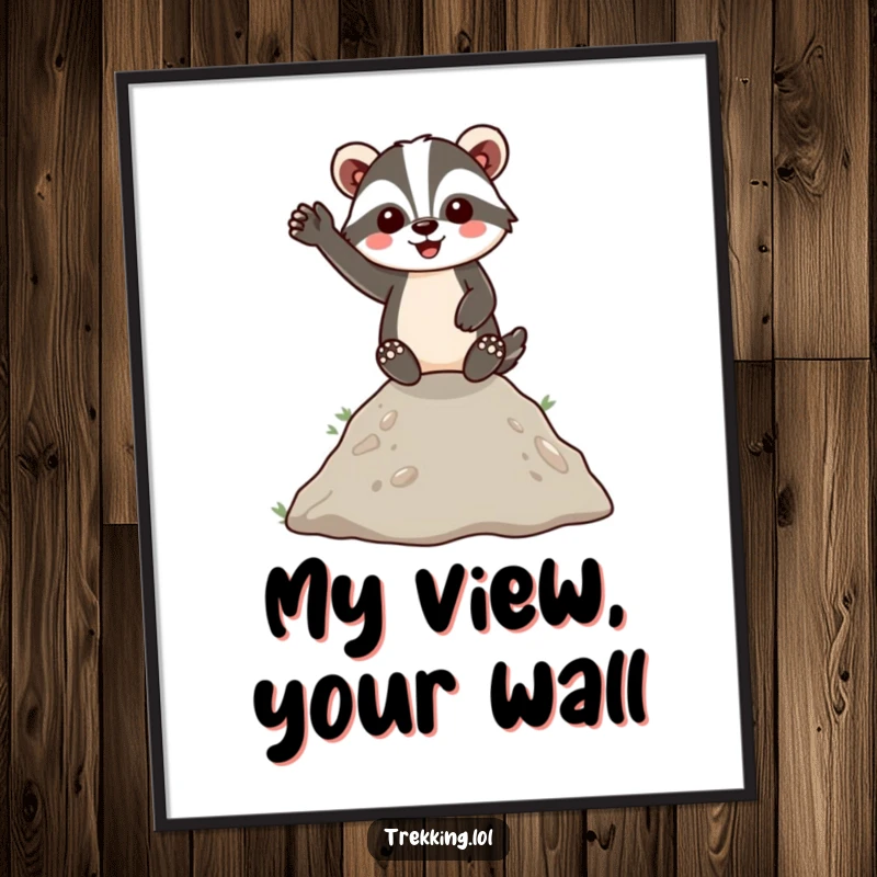 Funny Digital Art Print of an energetic badger cheerfully waving from a hilltop, bringing instant humor and cheer to any wall space.