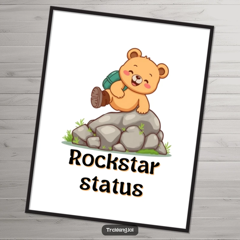 Funny bear hiking digital art print of a cheerful bear wearing hiking boots, climbing a mossy rock, perfect for wall art.