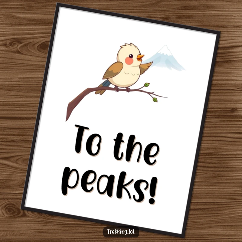Funny Digital Art Print of a delighted bird on a branch pointing towards a distant mountain, offering instant humorous inspiration for any wall.