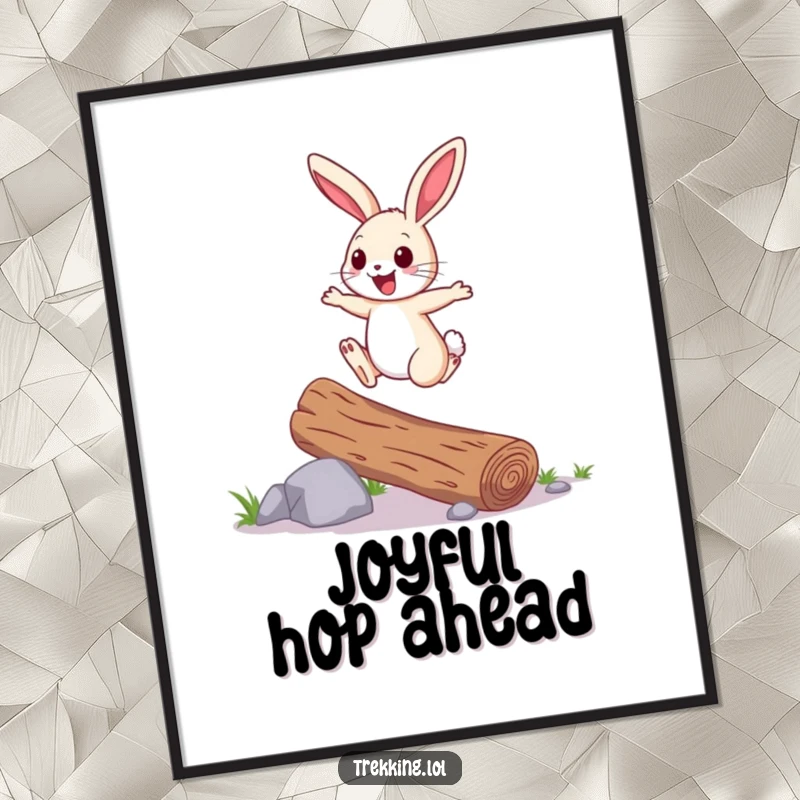 Funny Digital Art: A cheerful bunny hops over a fallen log with joyful energy, creating whimsical wall art that radiates happiness and lightheartedness.