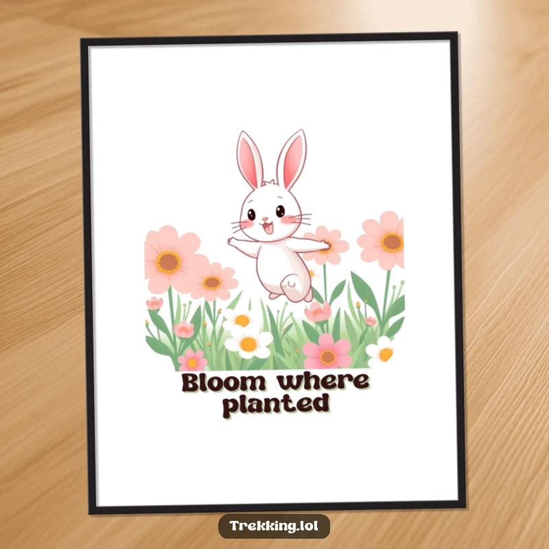 Funny digital art print of a cheerful bunny joyfully bounding through a surreal field of giant, dreamlike flowers, full of color and life.