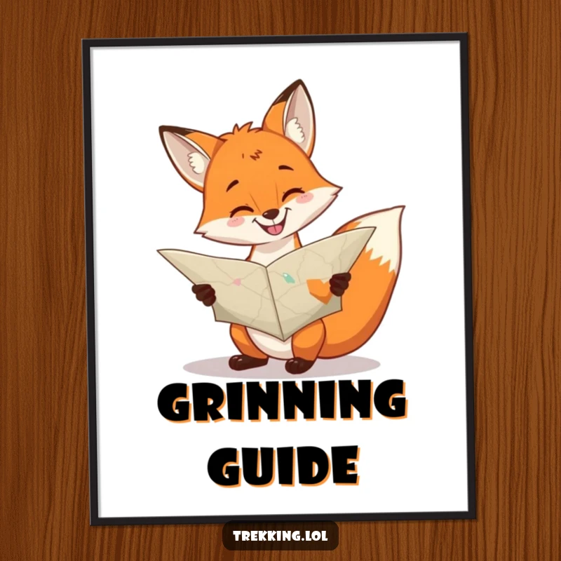 Funny cheerful fox consulting a large, unfolded map with a grin, digital art print for adventurous decor.
