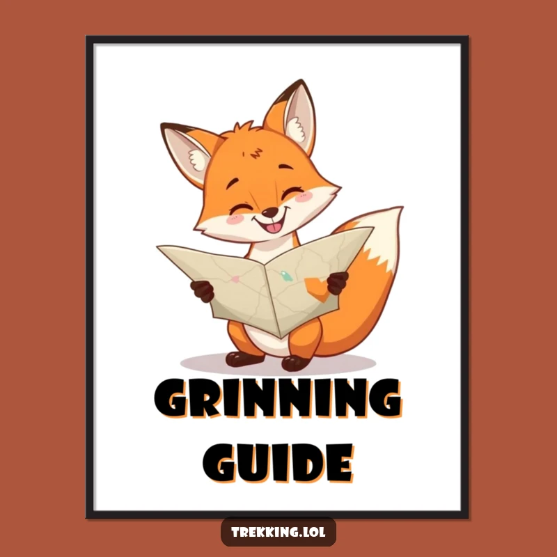 Funny Cheerful Fox Map Digital Art: Grinning Navigator Print Gift