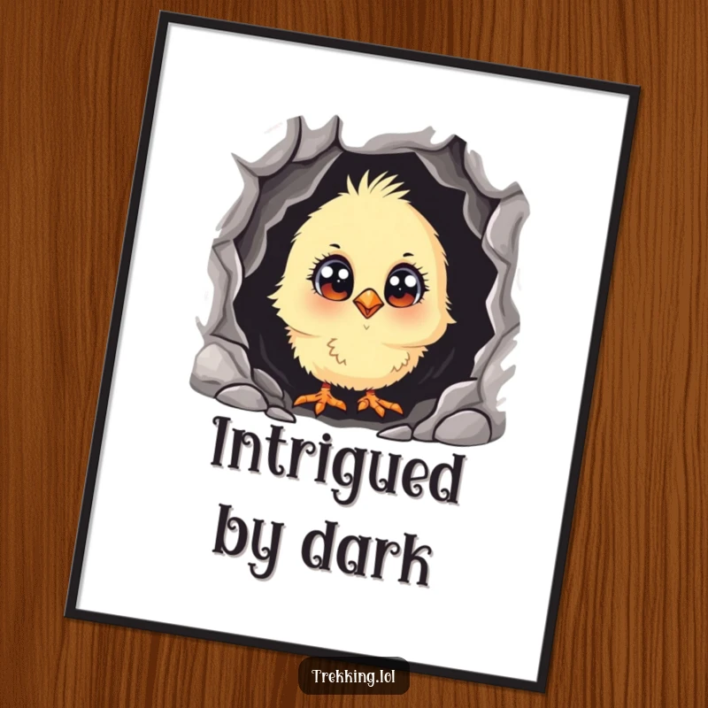 Funny curious chick with wide eyes, peeking into a dark cave, delivered as a digital art print for instant humorous decor.