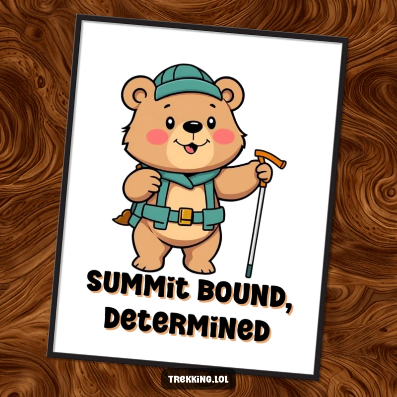Funny determined bear enthusiastically using hiking poles, digital art print for motivational decor.