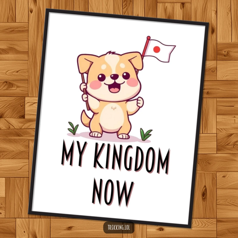 Funny dog digital art print, a determined character triumphantly plants a small flag, symbolizing success and joy.