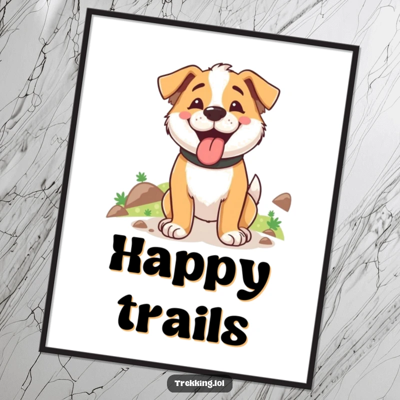 Funny digital artwork of a happy dog panting after completing a long uphill trek, capturing pure canine satisfaction.