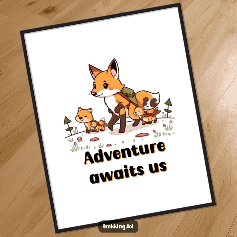 Funny digital art print of a determined fox leading animals on a hike, celebrating leadership and the joy of shared journeys.