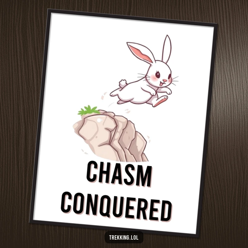 Funny Digital Art Print of a determined rabbit leaping across a small chasm, representing courage and bold action with humorous flair.