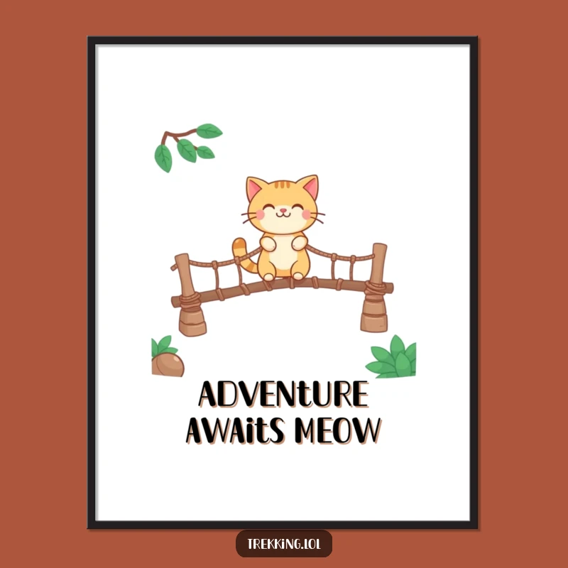 Funny Smiling Cat Digital Art: Rope Bridge Adventure Print