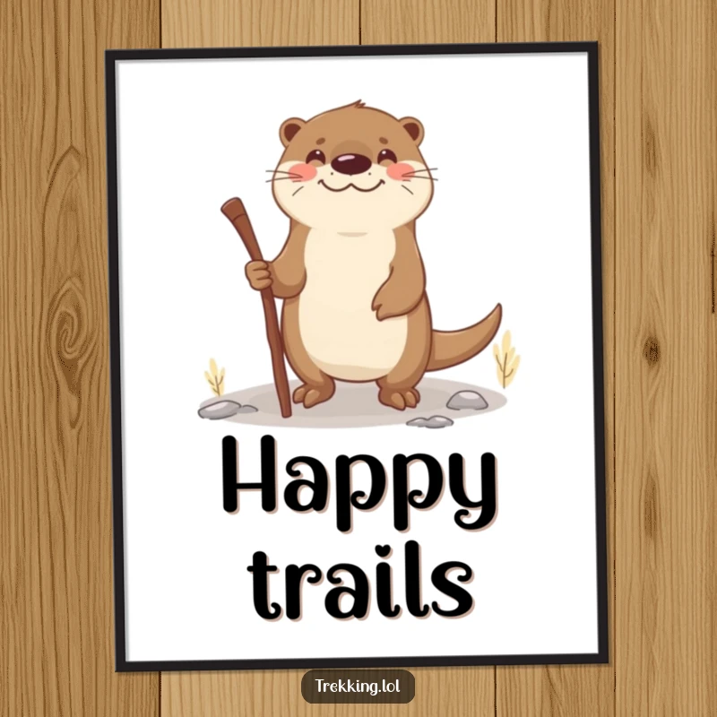 Funny otter walking stick digital art print of a smiling otter using a stick as a walking aid on uneven terrain, perfect for wall art.