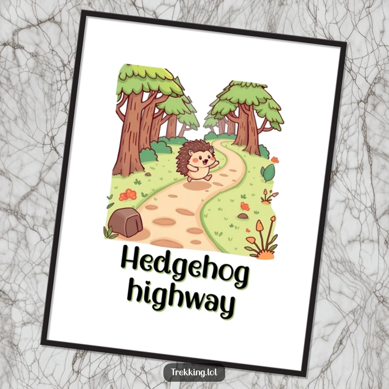 Funny hedgehog digital art print: a happy hedgehog bouncing with glee down a winding forest path, symbolizing pure exuberance.