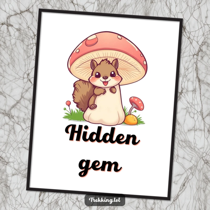 Funny squirrel mushroom digital art print of a fluffy squirrel peeking excitedly from behind a large, colorful mushroom, perfect for wall art.