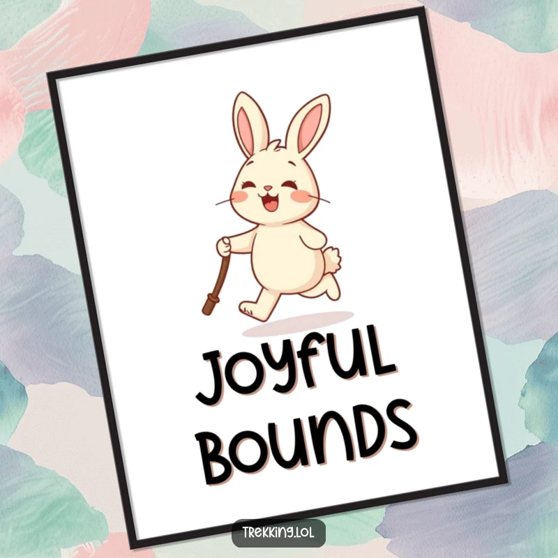 Funny digital art print of a cheerful rabbit joyfully skipping and holding a walking stick, symbolizing happiness and lightheartedness.