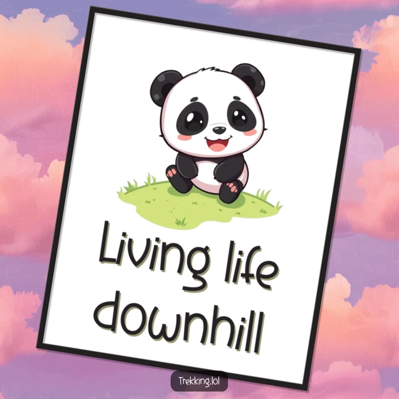 Funny digital art print of a playful panda sliding down a grassy slope with pure glee. Joyful and humorous wall decor.